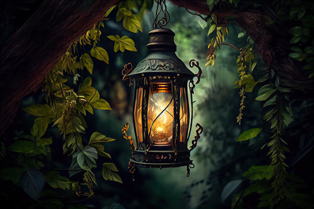 lantern hanging from tree branch, surrounded by lush greenery, created with generative aiの素材