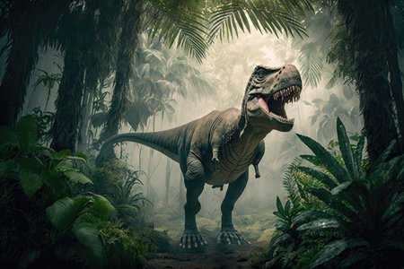 tyrannosaurus rex in prehistoric jungle, surrounded by tropical plants and animals, created with generative aiの素材