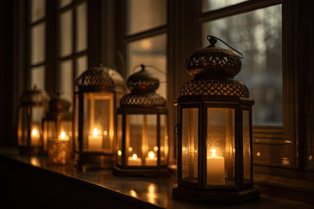 close-up of lanterns, with warm light and candlelight shining through the windows, created with generative aiの素材
