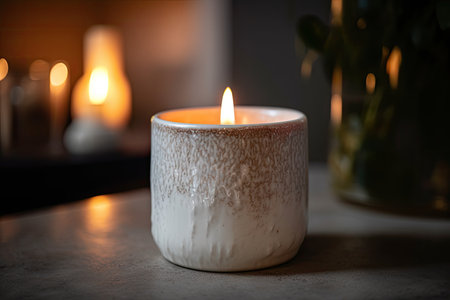 close-up of white candle with crackling flame, casting warm and inviting light, created with generative aiの素材