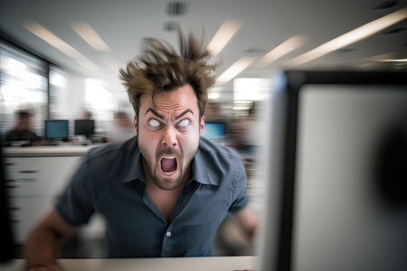 overworked worker with blurry look at computer screen workaholism, created with generative aiの素材