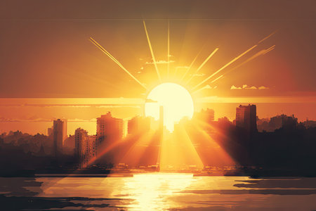 morning sunrise, with the sun rising over the city and casting a warm glow over the sea, created with generative aiの素材