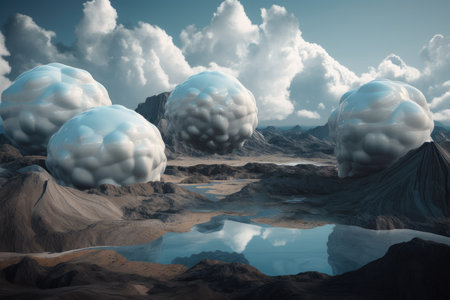 surreal float landscape of floating mountains, with a distant storm on the horizon, created with generative aiの素材