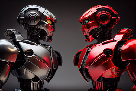 two robots, one with red and black color scheme and the other with sleek metallic finish, face off against each other, created with generative aiの素材