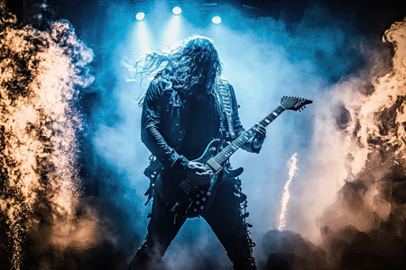 heavy metal guitarist performing on stage, surrounded by smoke and lights, created with generative aiの素材