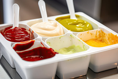 fast-food restaurant offering variety of sauces, including mayonnaise, ketchup, and mustard, created with generative aiの素材