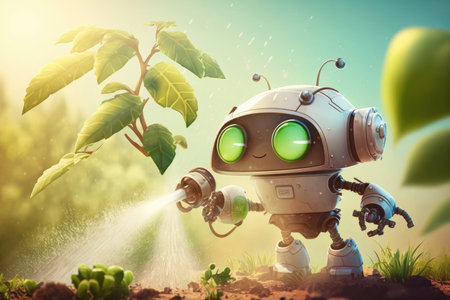 cute robot watering plants in garden, with sunny sky and green foliage visible, created with generative aiの素材