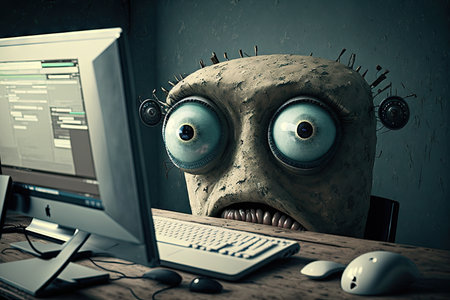 worker with empty eyes sits at computer for workaholism, created with generative aiの素材