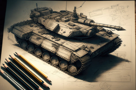 tank design pencil sketch with intricate details of weapons system and ammo, created with generative aiの素材