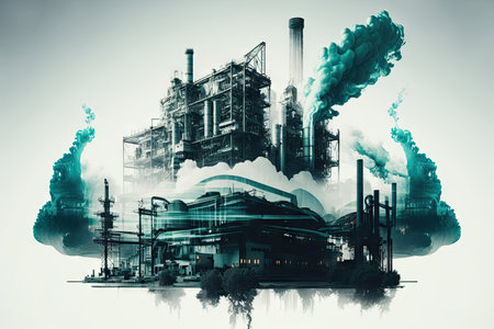 chemical plant, with first double exposure of the industrial facility and second of billowing smoke, created with generative aiの素材