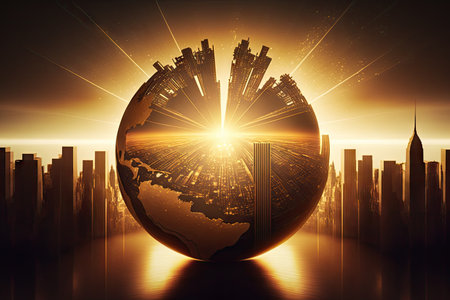 a golden sunrise illuminating the globe and casting rays of light over a cityscape., created with generative aiの素材