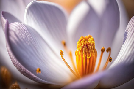 close-up of crocus flower, with its delicate petals and golden stamens in full view, created with generative aiの素材