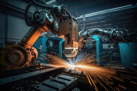 industrial facility, with spot welding robots in motion, bringing together metal parts, created with generative aiの素材