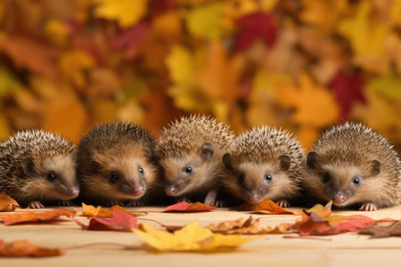 row of baby hedgehogs with their noses twitching in a pile of autumn leaves, created with generative aiの素材