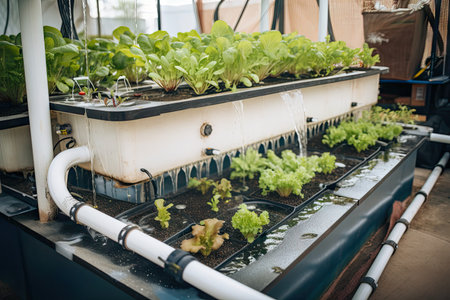 close-up of aquaponics system, with water flowing through the system and plants growing, created with generative aiの素材