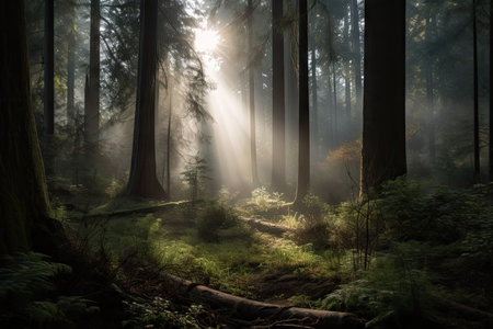 serene forest, with mist rising from the ground and sunlight filtering through the trees, created with generative aiの素材