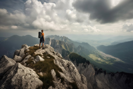 hiker making the ascent to a mountain peak, with breathtaking view of the surrounding landscape, created with generative aiの素材