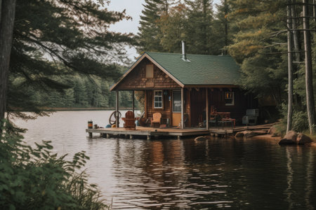 cozy cabin on the lake, with fishing and swimming gear visible in the background, created with generative aiの素材