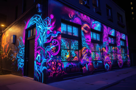 blacklight and uv-reactive painting on the side of a building, created with generative aiの素材