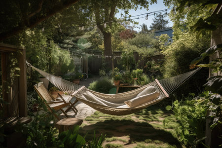 sun-drenched backyard with hammock and view of the garden, perfect for a staycation, created with generative aiの素材