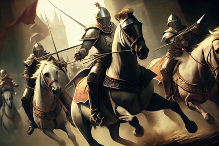 a team of knights storming the fortress, charging on their horses in full armor, created with generative aiの素材