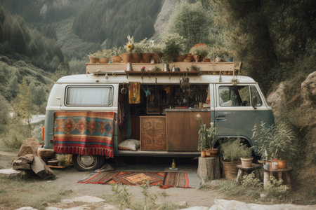 van with bohemian decor and plants, exploring scenic mountain road, created with generative aiの素材