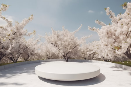 minimalist round podium surrounded by blooming cherry trees in springtime, created with generative aiの素材