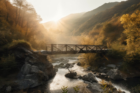 a bridge that cuts across a valley, with the sun shining on the water, created with generative aiの素材