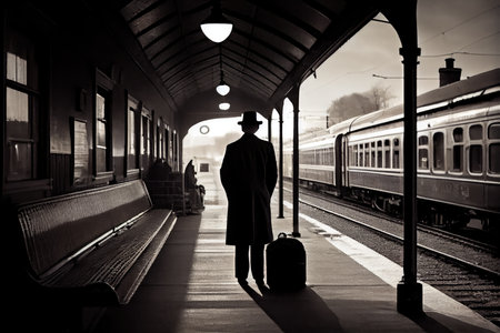 person, waiting for train to arrive at the restored vintage station, created with generative aiの素材