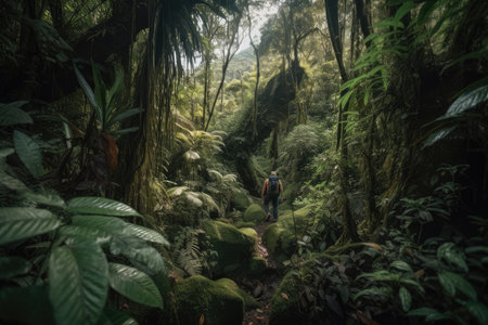 person, trekking through dense rainforest, discovering new species and exploring untouched terrain, created with generative aiの素材