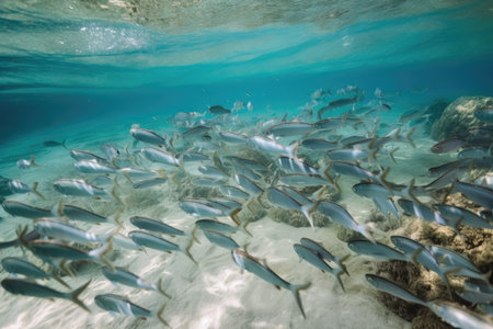 a school of fish swimming in crystal-clear water, created with generative aiの素材