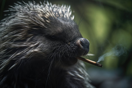 close-up of porcupine smoking ganja from its hidden perch, created with generative aiの素材