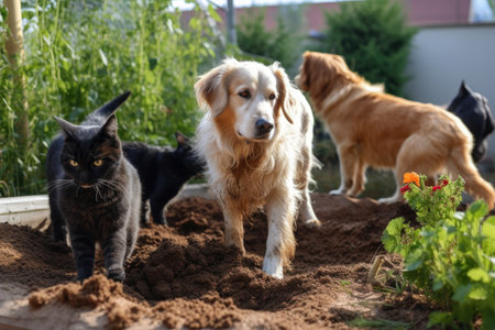 cats and dogs with dirty paws digging in the garden, created with generative aiの素材