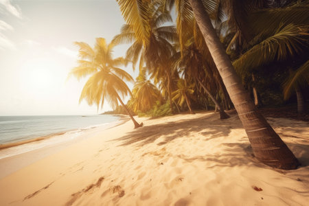 tropical beach, with palm trees swaying in the breeze and warm sun shining down, created with generative aiの素材