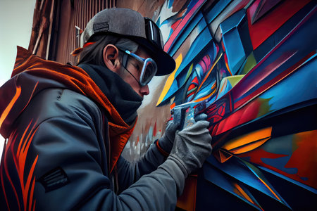 graffiti artist, creating art on the side of a building in the urban landscape, created with generative aiの素材