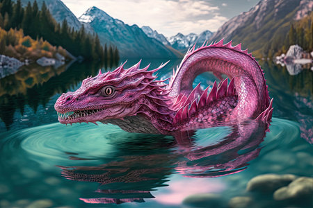 pink dragon swimming in crystal-clear lake, created with generative aiの素材