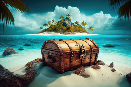 treasure chest lying in the middle of a deserted island, surrounded by blue water, created with generative aiの素材