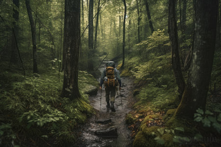 outdoorsman, venturing deep into the forest on a trail less traveled, created with generative aiの素材