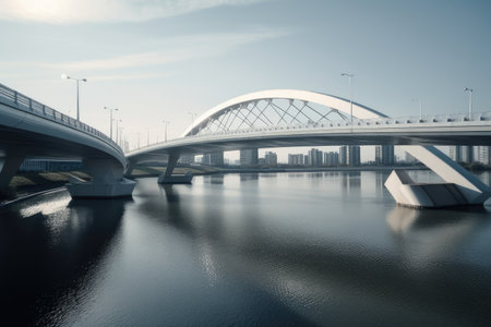 modern bridge, with sleek design and minimalistic details, crossing busy river, created with generative aiの素材