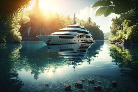 luxury yacht anchored in peaceful lagoon with tropical sun shining, created with generative aiの素材