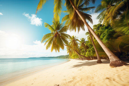 tropical beach, with palm trees swaying in the breeze and warm sun shining down, created with generative aiの素材