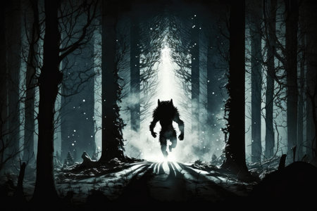 werewolf running through moonlit forest, with the beams of light shining through the trees, created with generative aiの素材