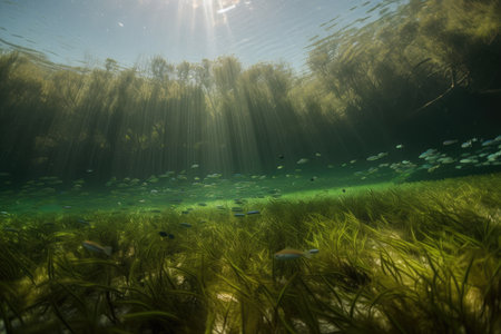 seagrass meadow with schools of fish swimming among the leaves, created with generative aiの素材