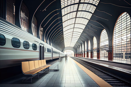refurbished train station with modern amenities and sleek design, serving passengers of the future, created with generative aiの素材