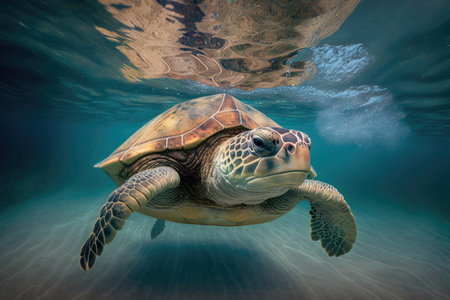 turtle swimming underwater, with its head and shell above the water, created with generative aiの素材