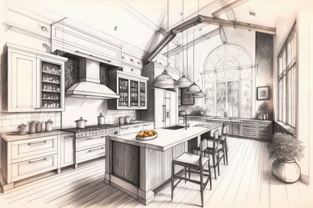 a pencil sketch of an intricate kitchen with a mix of warm and modern design elements, created with generative aiの素材
