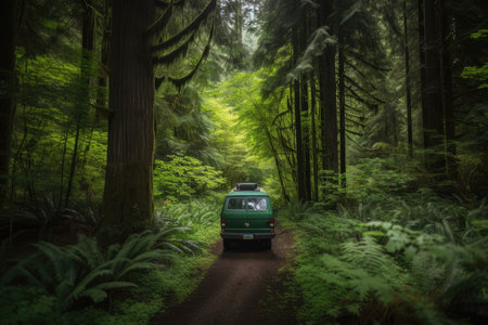 person, taking road trip through lush green forest, with van parked nearby, created with generative aiの素材