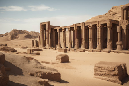 desert landscape with towering columns, stone friezes and intricate carvings of past civilizations, created with generative aiの素材