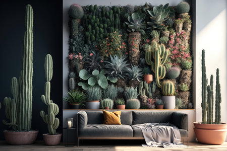 vertical garden consisting of succulents and cacti in modern interior, created with generative aiの素材