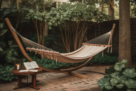 peaceful garden retreat, complete with hammock and tea service, created with generative aiの素材